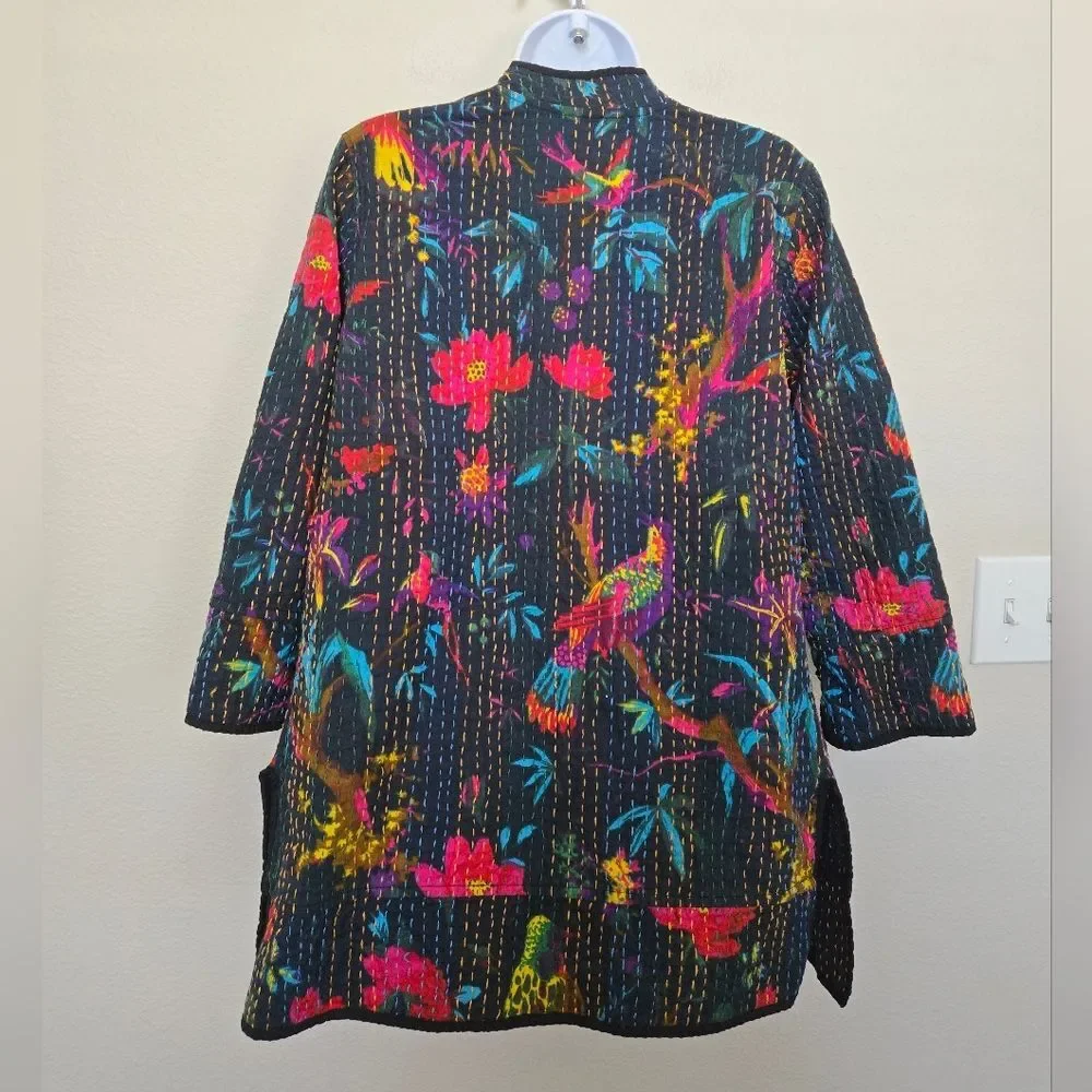 Bohemian Floral Birds Cotton Black Long Jacket Size Small - Picture 8 of 14